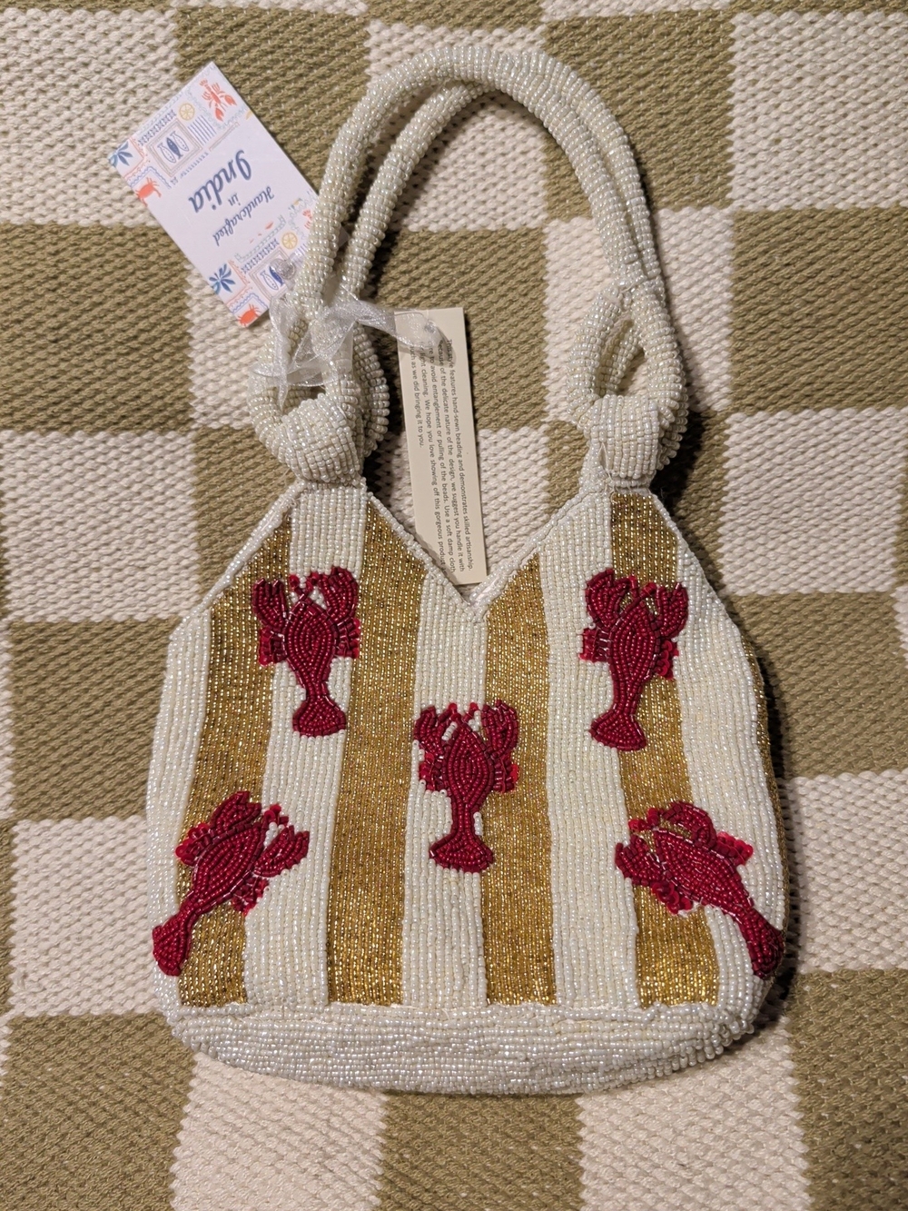 Beaded White & Gold Stripe Tote with Red Lobster Motif Handcrafted In India NWT